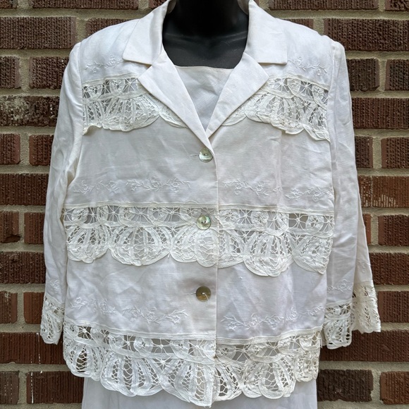 Vintage Plaza south off white linen blend midi dress w/ embellished jacket sz 16 - Picture 2 of 12